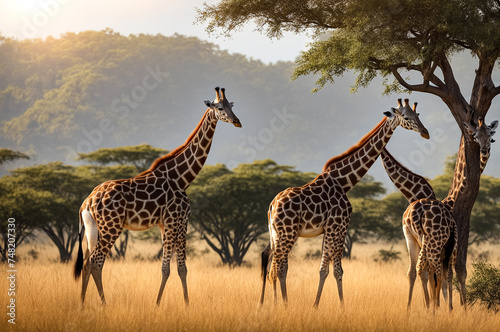 Affectionate african giraffes in natural habitat. Two giraffes exhibit bonding behavior in a lush savanna setting. Nature animal wildlife concept. Copy ad text space. Generated Ai