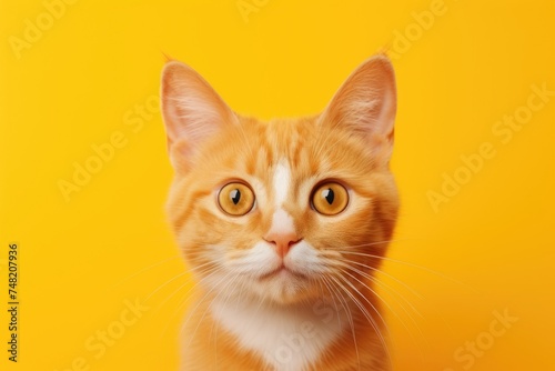 Orange cat face portrait, yellow studio background