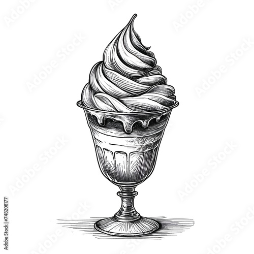 Sundae ink sketch drawing, black and white, engraving style vector illustration