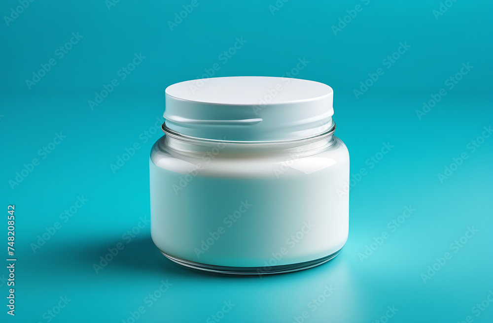 A jar of yogurt with a white lid on a blue background A jar of yogurt with a white lid on a blue background