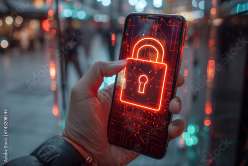 A person is holding a cell phone with a padlock on the screen