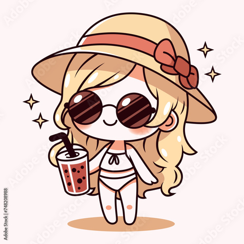 niña chibi kawaii con sombrero de paja, lentes de sol y traje de baño disfrutando del sol de verano