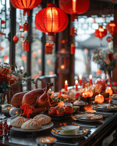 Chinese-style decorated table adorned with traditional lanterns and elegant decor, with delicious looking Chinese dishes including Peking duck and dumplings. Festive gatherings theme, Generative AI