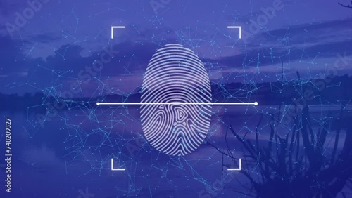 Animation of data processing and biometric fingerprint on blue background photo