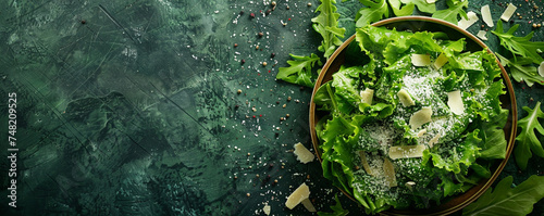 Classic Caesar salad with crisp romaine lettuce and parmesan shavings. Top down view on a dark green background Top view space to copy photo