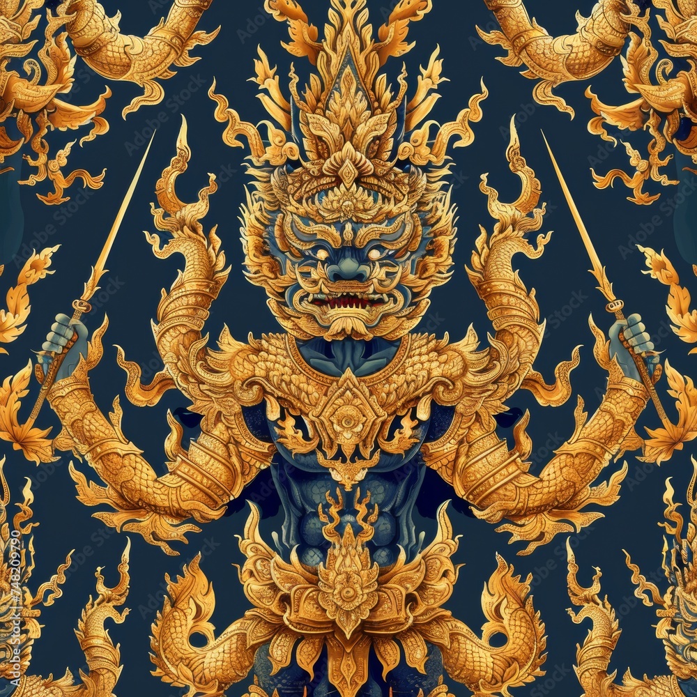 Thai giant Kanok pattern Sharp and clear,has ten heads, ten hands, holds 10 weapons, Detail wallpaper,Thai pattern,