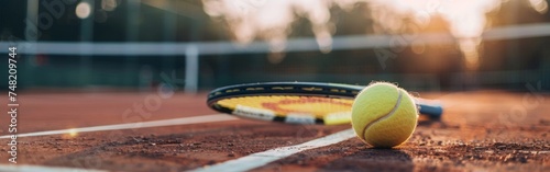 Tennis ball rolling on tennis court with one tennis racket on top of it, photo