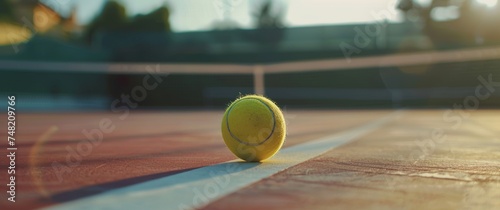 Tennis ball rolling on tennis court with one tennis racket on top of it,  © supachai