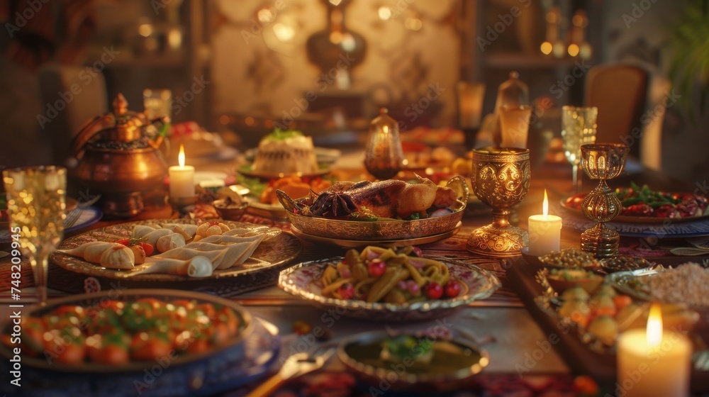 Celebration of ramadan with a wonderful table full of meals and drinks arabic muslim culture 4k, realistic lighting, unreal engine, 