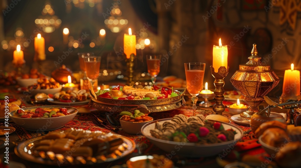 Celebration of ramadan with a wonderful table full of meals and drinks arabic muslim culture 4k, realistic lighting, unreal engine, 