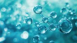 close up of a water molecule in light liquid blue background. The circle of H2O, a chemical compound, represents the fluid and moist nature of this transparent material