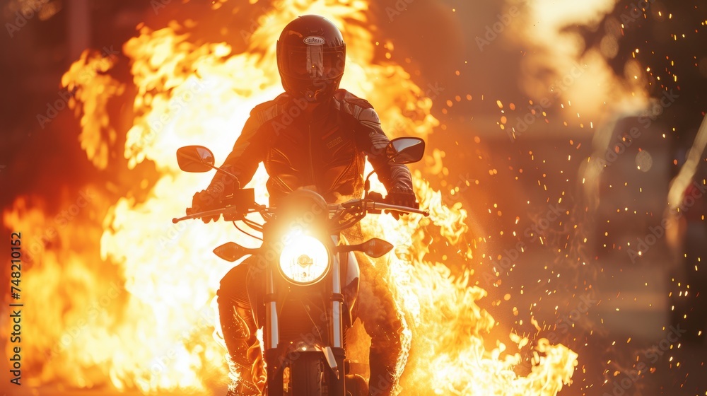 motorcycle rider Fire shows skeletons and strong sunlight - obrazy, fototapety, plakaty 