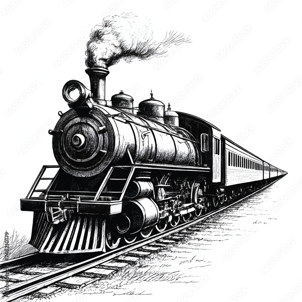 Train Monochrome ink sketch vector drawing, engraving style vector illustration