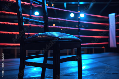 Professional boxing ring illuminated with chair
