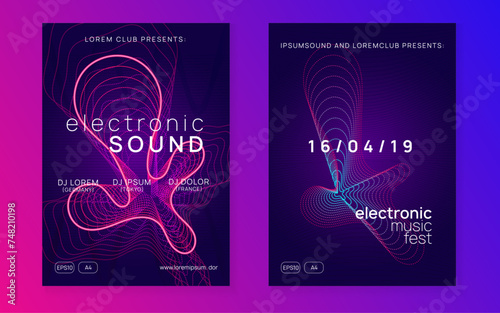 Dj event. Dynamic fluid shape and line. Geometric show brochure set. Dj event neon flyer. Techno trance party. Electro dance music. Electronic sound. Club fest poster.