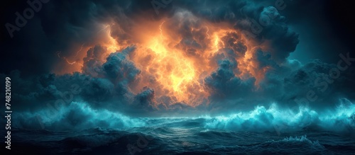 View of a tropical storm with strong and dangerous lightning strikes on a cloudy sky and stormy sea photo