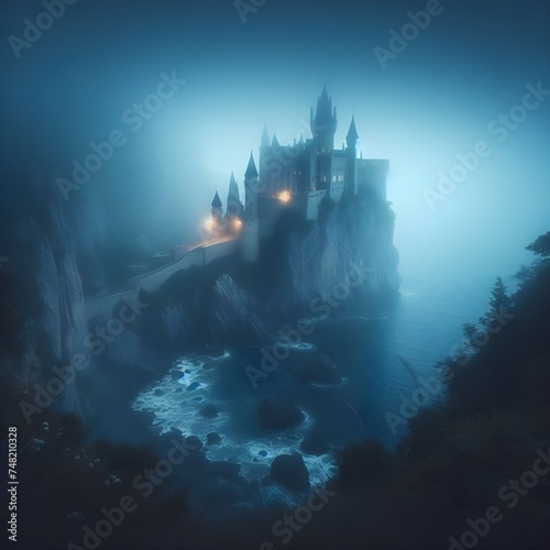 Magical castle on a cliff by the sea, misty atmosphere at midnight. © Yuthana