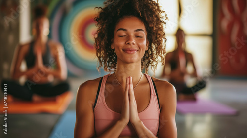Woman meditating with a serene smile in a yoga class.