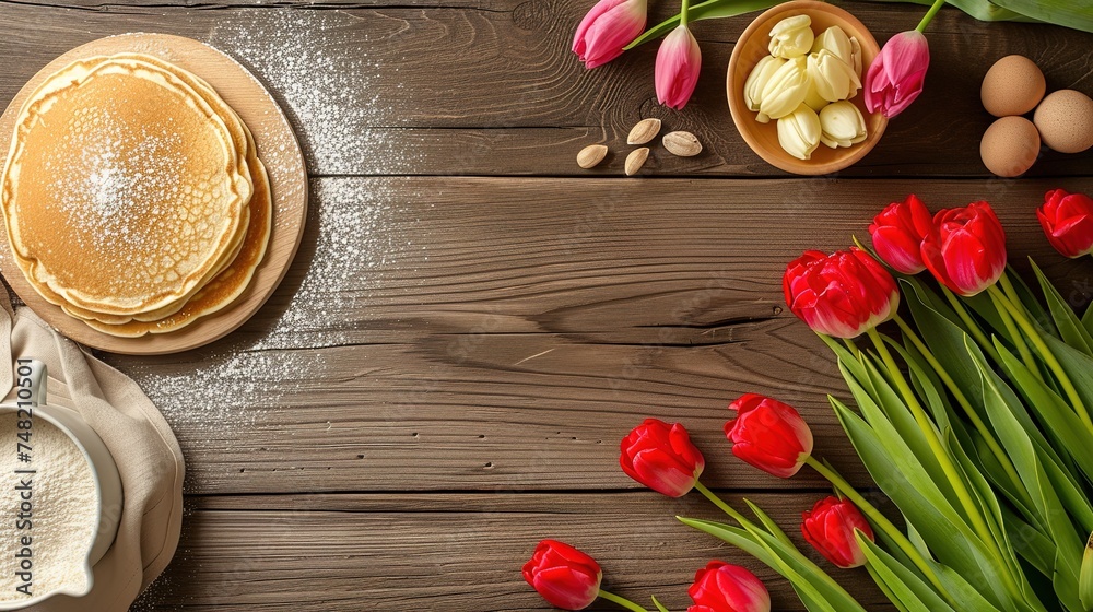 stack of pancakes and flowers tulips on a hard wooden table create a cozy atmosphere. The petals of the flowers add a pop of color to the wooden surface stack of pancakes and flowers tulips on a hard wooden table create a cozy atmosphere. The petals of the flowers add a pop of color to the wooden surface