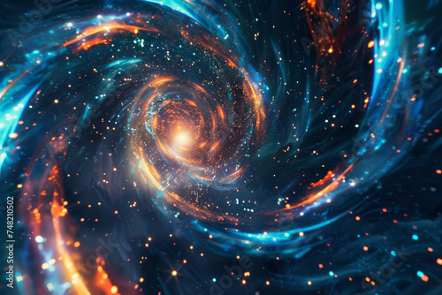 A blue and orange swirl with a galaxy in the background