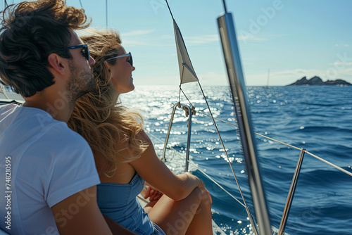 Young couple relaxing on a yacht cruise - Two lovers savoring their summer vacation experience on a sailboat at sea - Concept of summertime holidays and luxury travel