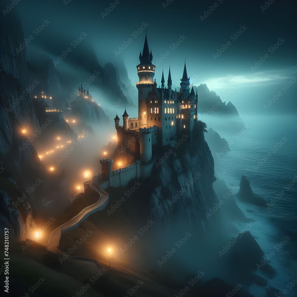 Magical castle on a cliff by the sea, misty atmosphere at midnight.