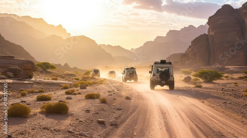 A convoy of off-road vehicles kicks up dust as it travels through a dramatic desert landscape, bathed in the golden light of the setting sun, evoking a sense of adventure and exploration.