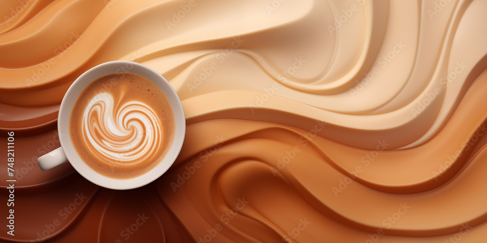 Coffee 3D background, a cup of coffee with latte art on a background of volumetric waves in brown tones Coffee 3D background, a cup of coffee with latte art on a background of volumetric waves in brown tones