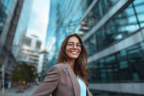 Cheerful businesswoman outside the office