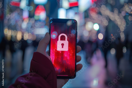 A person is holding a cell phone with a padlock on the screen