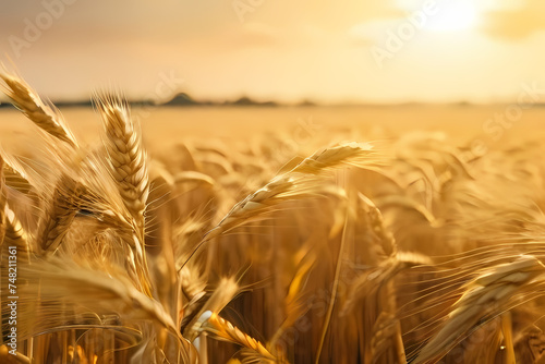  the golden beauty of a wheat field swaying gently in the breeze under the warm sunlight, with stalks reaching towards the sky and creating mesmerizing patterns, generative ai