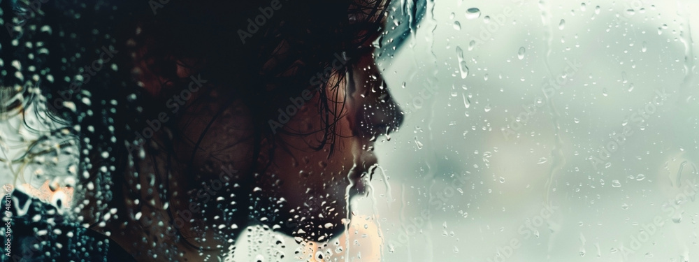 Double exposure of a person's face and pouring rain, evoking a sense of vulnerability and emotional release amidst the downpour. Copy space.