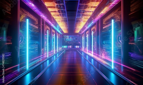 futuristic sci-fi spaceship interior with a futuristic corridor in space station with glowing neon lights background and glossy reflective walls and transparent glass