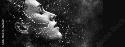 Double exposure of a person's face and pouring rain, evoking a sense of vulnerability and emotional release amidst the downpour. Copy space. Black-and-white. © Pink Badger