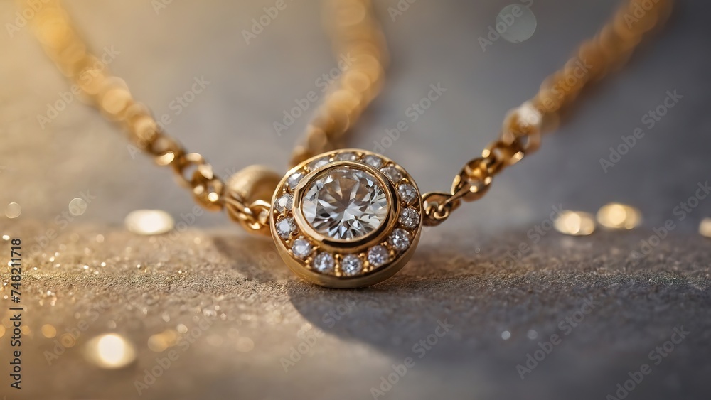 Fototapeta premium Closeup gold necklace with diamonds, photoshoot