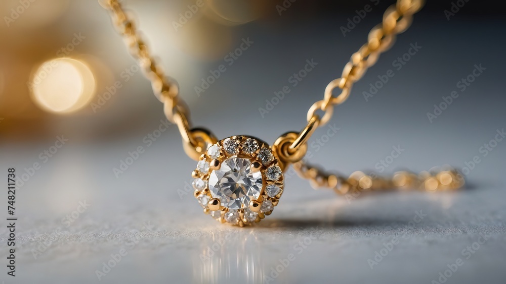 Fototapeta premium Closeup gold necklace with diamonds, photoshoot
