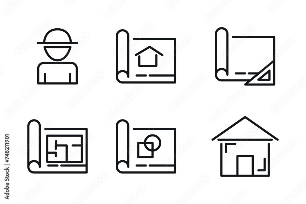 Architect development and interior design icons, vector house plan and ruler. Architect development and interior design icons, vector house plan and ruler.