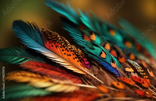 Closeup abstract background image of colorful ring-necked pheasant feathers photo