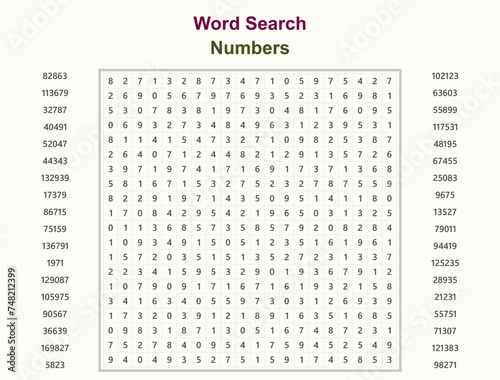 Word search puzzle vector (Word find game) illustration. Numbers photo