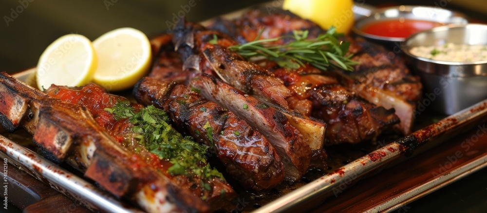 A platter featuring grilled meat arranged alongside vibrant lemon slices and savory sauces, promising a delicious culinary experience. The juicy meat is complemented by the zesty lemons and flavorful
