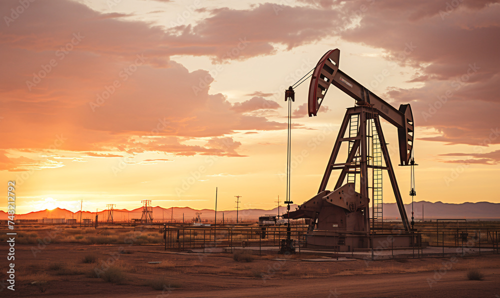 Oil pump on a sunset background. World Oil Industry. Oil pump on a sunset background. World Oil Industry.