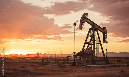 Oil pump on a sunset background. World Oil Industry.