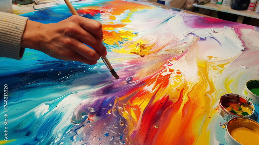 Fototapeta premium A canvas being filled with bright, joyful colors, the painter's hands moving freely, creating abstract happiness