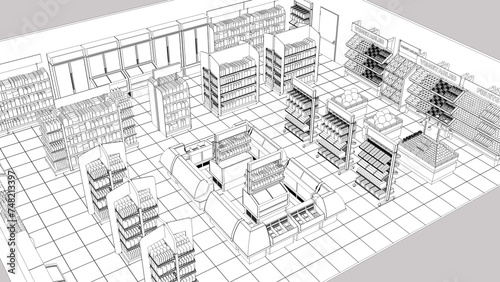 Contour visualization of grocery store isometric view with racks of blank goods. 3d illustration isolated on gray background