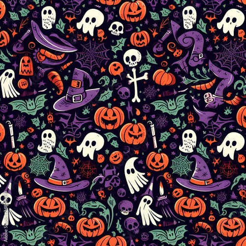 Halloween Pattern with Skulls and Witches