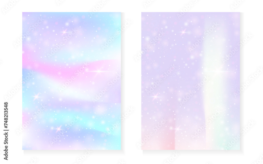 Unicorn background with kawaii magic gradient. Princess rainbow hologram. Holographic fairy set. Colorful fantasy cover. Unicorn background with sparkles and stars for cute girl party invitation. Unicorn background with kawaii magic gradient. Princess rainbow hologram. Holographic fairy set. Colorful fantasy cover. Unicorn background with sparkles and stars for cute girl party invitation.