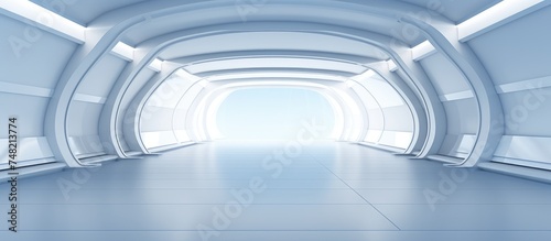 A wide empty white room with architectural background, leading towards a distant light source. The room is minimalist in design, with abstract architecture and visible balks.