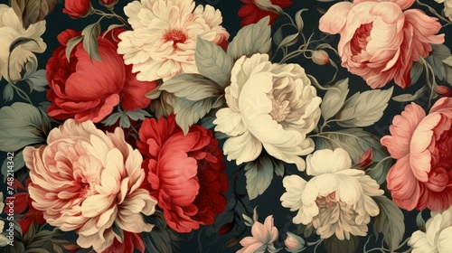 A beautiful floral pattern withç‰¡ä¸¹èŠ±ç››é–‹. The image is dark and moody, with the flowers standing out against the dark background.