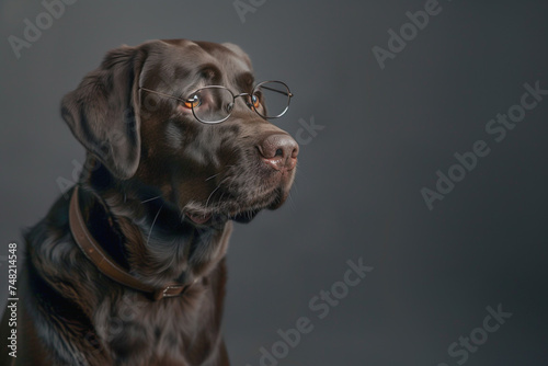 Brown dog with glasses on dark background