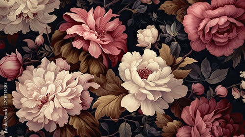 A beautiful floral pattern with pink and whiteç‰¡ä¸¹èŠ±æœµç››å¼€åœ¨æ·±è‰²çš„èƒŒæ™¯ä¸‹ã€‚The flowers are detailed and realistic, and the colors are vibrant and eye-catching. #748214587